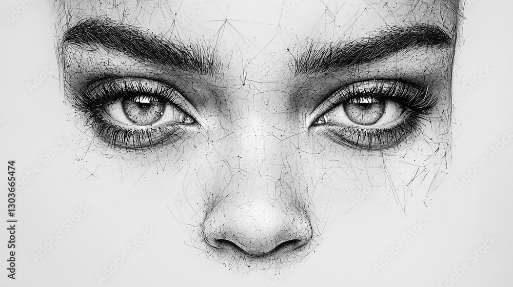 Fototapeta premium Close-up grayscale pencil sketch of a woman's eyes and nose, intricate detailing.