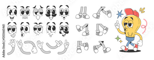 Fancy light bulb groovy animated cartoon character constructor set with feet, arms and faces