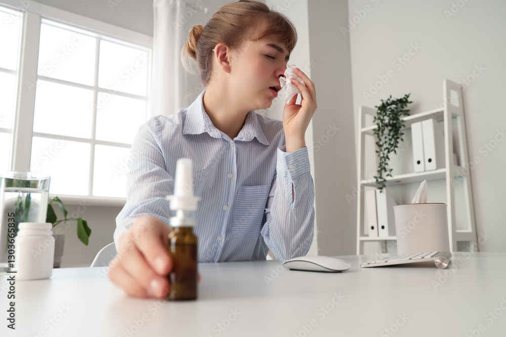 Ill young businesswoman with tissue and nasal drops sneezing in office Ill young businesswoman with tissue and nasal drops sneezing in office