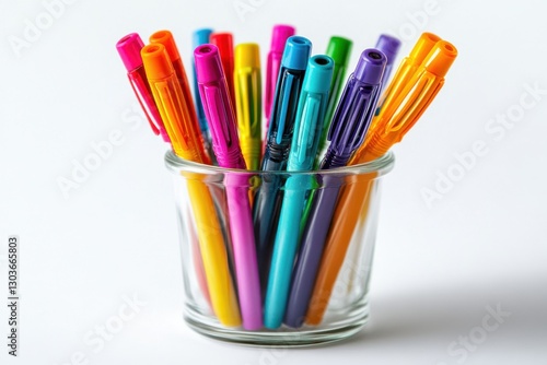 A vibrant collection of colorful pens displayed in a glass jar on a simple white background isolated on transparent background