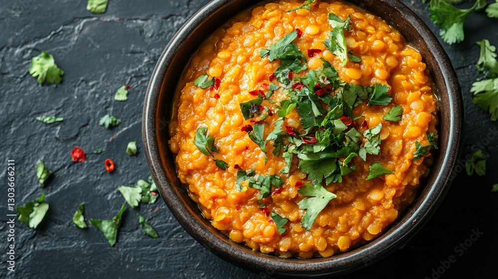 Red lentil stew in a bowl, garnished with cilantro and chili flakes. Red lentil stew in a bowl, garnished with cilantro and chili flakes.