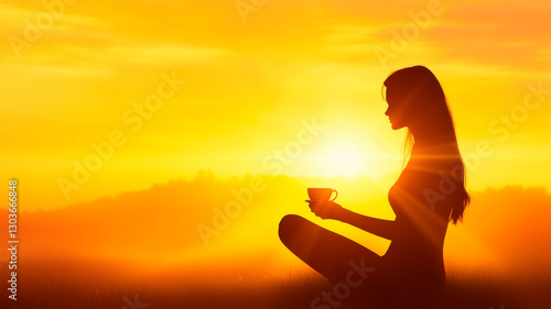 Illustration of a woman enjoying a coffee at sunrise in nature.