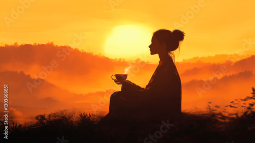 Illustration of a woman sitting cross-legged on a wooden platform and meditating while looking at the sea.