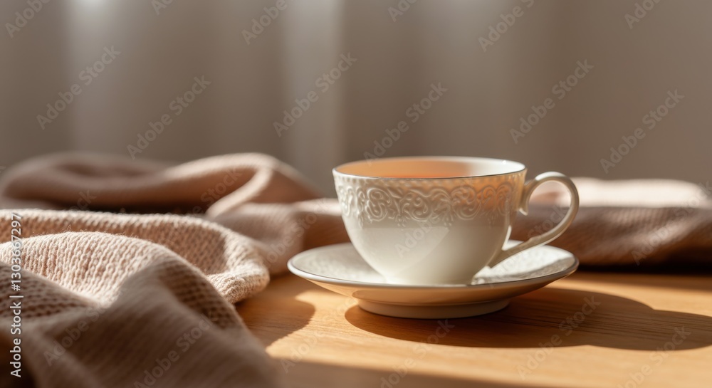 Elegant porcelain teacup on saucer with warm knitted blanket in soft sunlight Elegant porcelain teacup on saucer with warm knitted blanket in soft sunlight