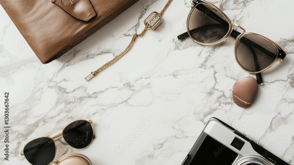 Feminine workspace with modern styled accessories on marble background Feminine workspace with modern styled accessories on marble background