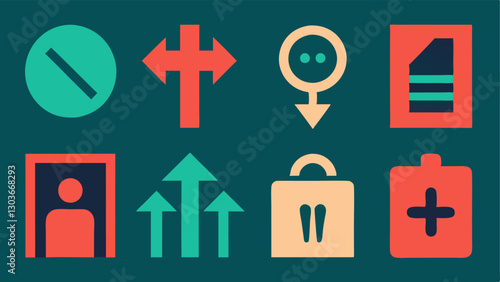 Symbolic Icons for Directions A collection of universally recognizable icons e.g. restrooms exits elevators accompanied by arrows designed to be clear and intuitive.