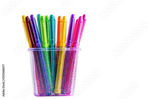 Colorful glitter gel pens arranged in a transparent cup against a light background isolated on transparent background