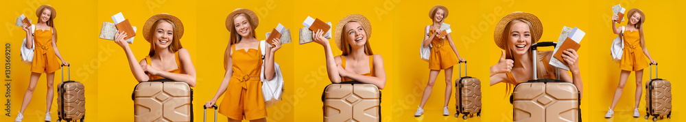A joyful traveler poses with luggage and travel essentials against a vibrant yellow backdrop. She holds tickets and a map, conveying her excitement for the holidays and adventures ahead. A joyful traveler poses with luggage and travel essentials against a vibrant yellow backdrop. She holds tickets and a map, conveying her excitement for the holidays and adventures ahead.