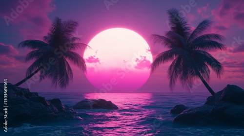 Tropical Sunset with Palms and Rocks at Dusk, reflecting a large Pink sun over the Ocean
