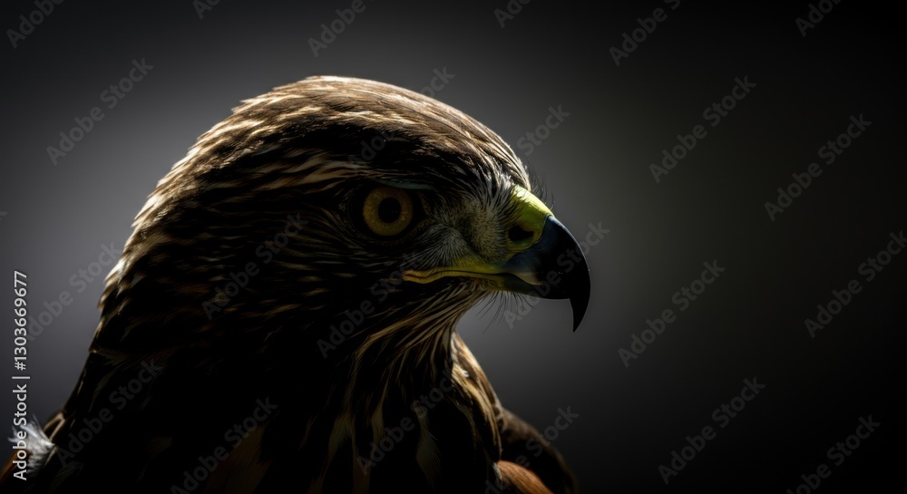 Close-up portrait of a dark eagle against a shadowy background Close-up portrait of a dark eagle against a shadowy background