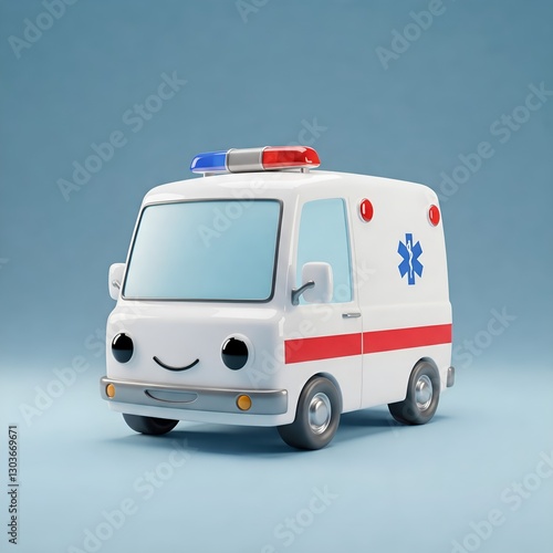 3D rendered of a cute white ambulance car isolated on a blank soft pastel color background. Generative AI