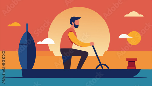 Sunset Sailboating An individual with a prosthetic leg sailing a small boat holding the steering wheel confidently as the sun sets in the background.