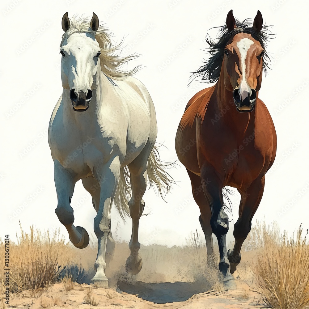 Fototapeta premium AI-Generated Artistic Illustration of wild horses presented as a watercolor clipart with detailed features