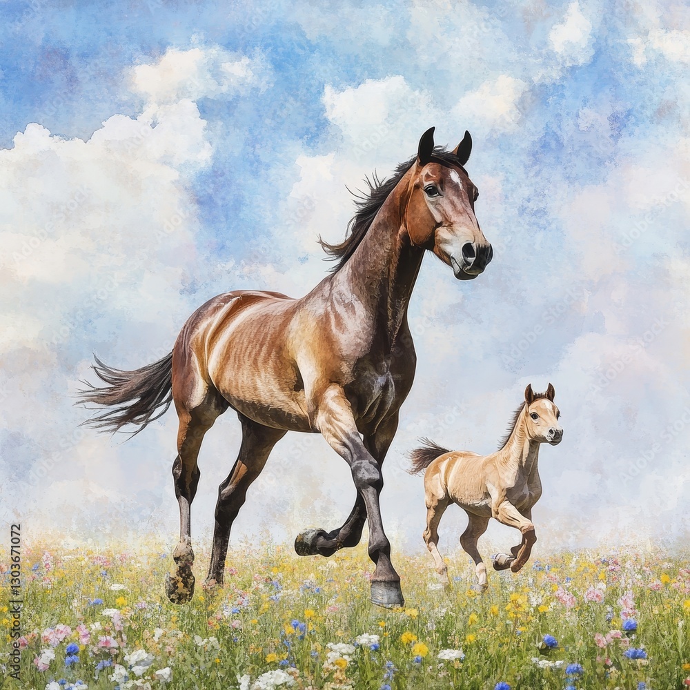 Obraz premium Stock watercolor illustration of wild horses in a meadow setting, with intricate details and artistic flair