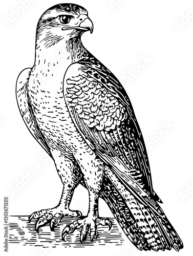 Detailed linocut illustration of a hawk perched on a branch capturing the majesty of birds of prey in nature's setting  on a transparent background