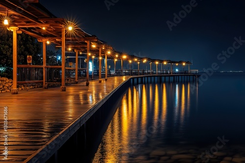 Nighttime boardwalk glowing with warm amber lighting, with reflections shimmering on the calm water beneath.