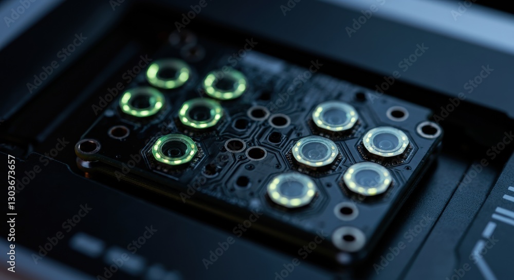 Close-up of electronic circuit board with glowing led components Close-up of electronic circuit board with glowing led components