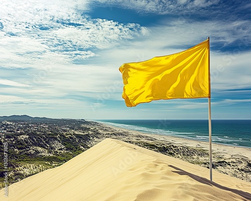 A vibrant yellow lifeguard flag fluttering in the wind atop a sand dune, with panoramic views of the ocean and coastline.