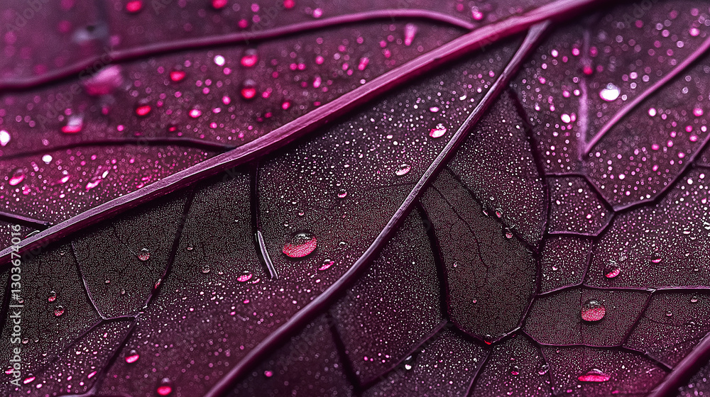 Fototapeta premium Close-up of dew drops on vibrant purple leaf veins creating a stunning natural pattern