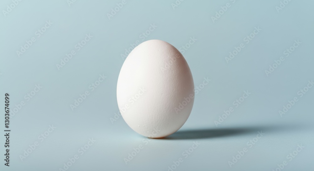 Minimalist display of a single white egg on light blue background Minimalist display of a single white egg on light blue background
