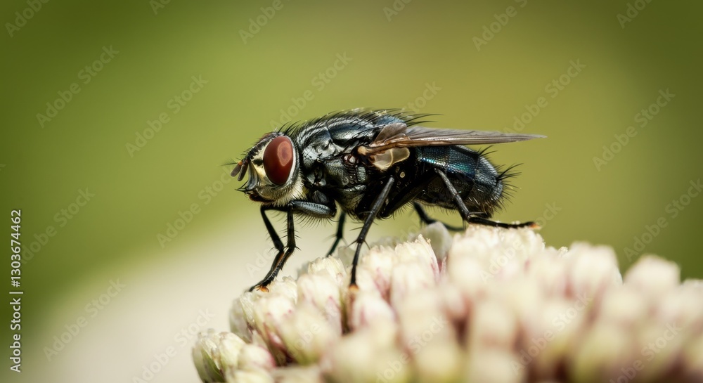 Close-up of housefly on flower with green background Close-up of housefly on flower with green background