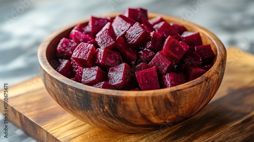 Diced beets in wooden bowl on cutting board, gray background