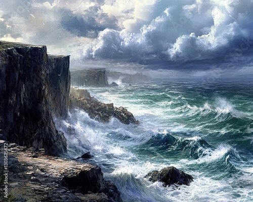 A rocky cliff overlooking a turbulent ocean, with waves crashing against jagged rocks as storm clouds roll in.