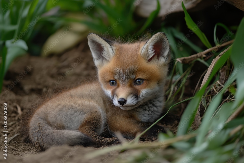 Obraz premium Young red fox pups playfully exploring the grass in a natural habitat during a sunny afternoon, Red Fox Young Pups are playing in the grass near the burrow Vulpes vulpes