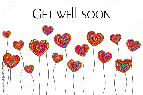 Get well soon - Schriftzug in englischer Sprache - Gute Besserung. Grußkarte mit bunten Herzblumen.