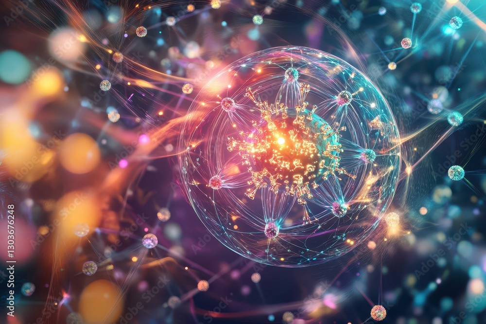 A 3D digital rendering of a virus particle surrounded by molecular structures, with glowing colors and a sense of depth, futuristic and educational, ideal for health-related educational content. A 3D digital rendering of a virus particle surrounded by molecular structures, with glowing colors and a sense of depth, futuristic and educational, ideal for health-related educational content.