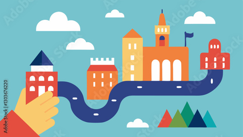 Tactile Map An illustration of a raised tactile map featuring textured paths buildings and landmarks with a hand gently touching the map to explore.