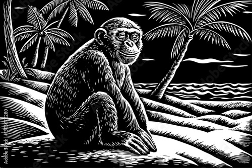 funny monkey in tropical beach black and white hand drawn sketch