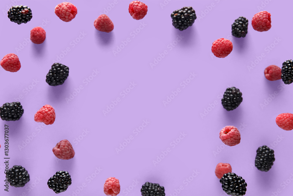 Frame made of berries flying on lilac background, closeup Frame made of berries flying on lilac background, closeup