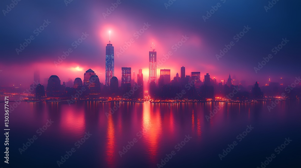 Fototapeta premium Foggy NYC Skyline Sunrise, Fireworks, Reflection