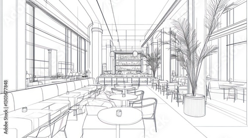 Modern restaurant interior design sketch, showing tables, chairs, and bar area.  Possible use Architectural visualization