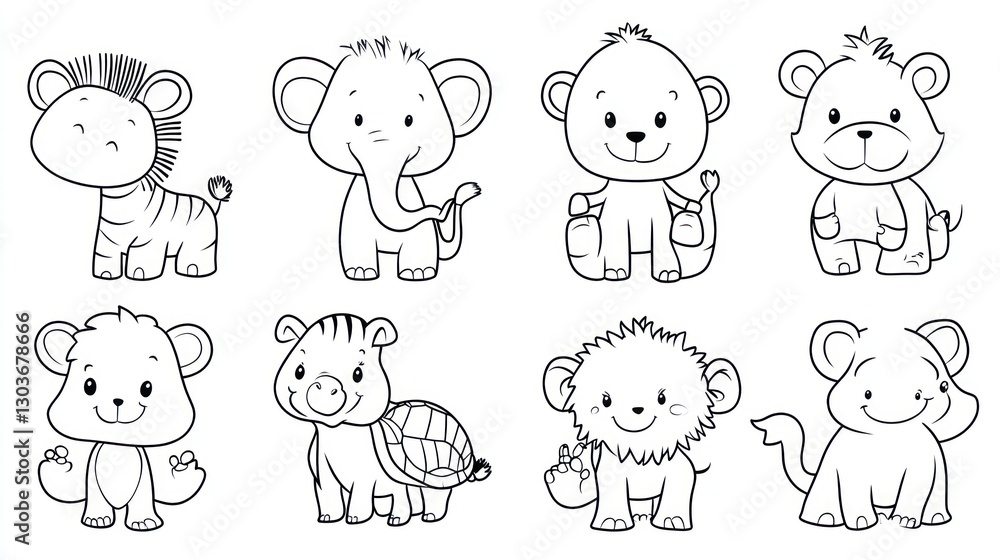 Cute cartoon animals, coloring page, children's book, educational material, fun illustration Cute cartoon animals, coloring page, children's book, educational material, fun illustration