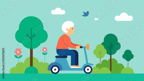 Sunny Park Pathway An elderly person on a mobility scooter piloting along a park pathway lined with green trees. Flowers bloom on the sides as birds fly overhead.