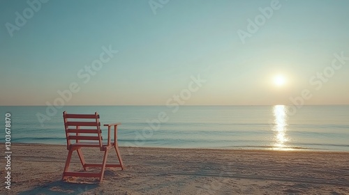 A wide shot of a lifeguard chair overlooking a calm beach, with no one in sight and the sun setting on the horizon.