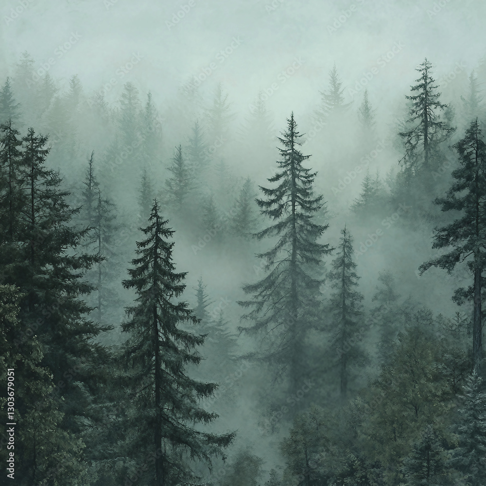 Obraz premium Dense forest with tall trees and a foggy atmosphere