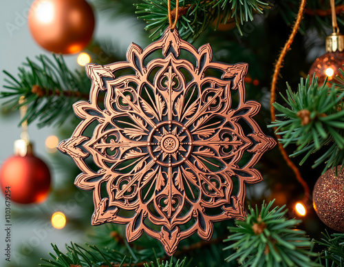 Laser-cut steel mandala ornament with oxidized copper patina, bringing a steampunk aesthetic to a unique and industrial holiday tree decoration. photo