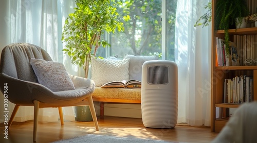A stylish, modern air cooler sitting beside a cozy reading nook, filling the air with a soft, refreshing breeze