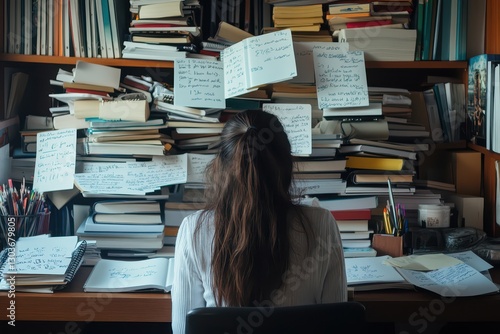 Desk piled with final exam study materials, including textbooks, flashcards, and notebooks, with a student sitting in front, overwhelmed and studious, capturing the feeling of final exam cramming.