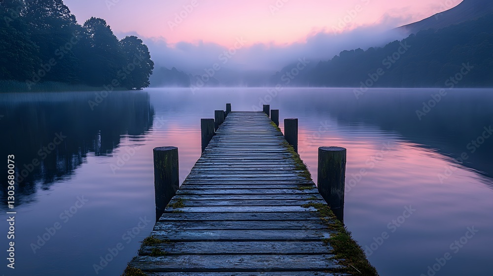 Fototapeta premium A wooden pier extends into a calm lake, with gentle ripples reflecting the sky. The scene feels peaceful and open, inviting quiet contemplation. 