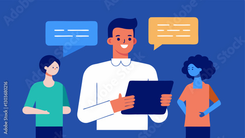 TexttoSpeech App A professional holding a tablet with an app interface visible that reads text aloud while engaging with colleagues in the background.