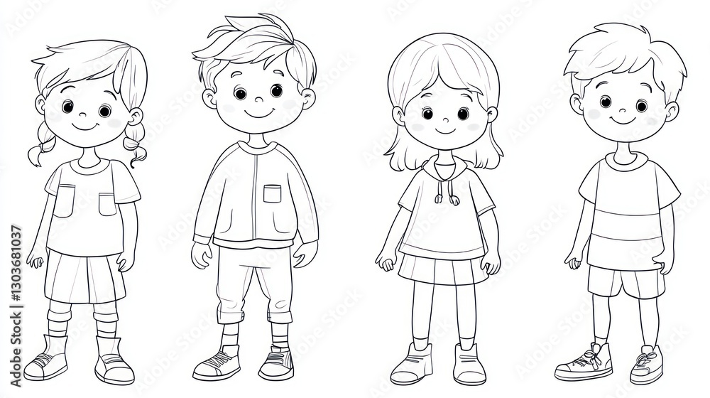 Four children in casual outfits, black and white illustration. Possible use for coloring book Four children in casual outfits, black and white illustration. Possible use for coloring book
