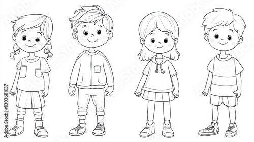 Four children in casual outfits, black and white illustration.  Possible use for coloring book