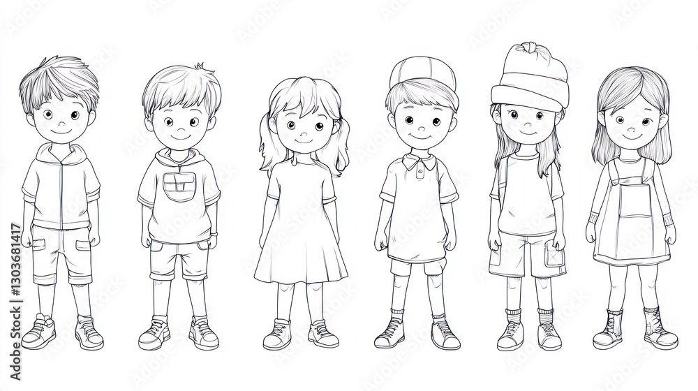 Kids in casual clothes, lined drawing, in a row, for educational or printable use Kids in casual clothes, lined drawing, in a row, for educational or printable use