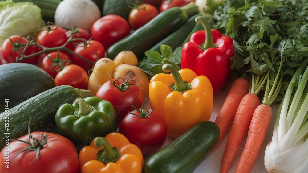 Colorful array of fresh vegetables including peppers, tomatoes, carrots and zucchini Colorful array of fresh vegetables including peppers, tomatoes, carrots and zucchini