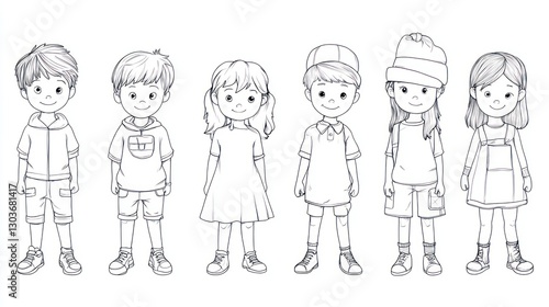 Kids in casual clothes, lined drawing, in a row, for educational or printable use
