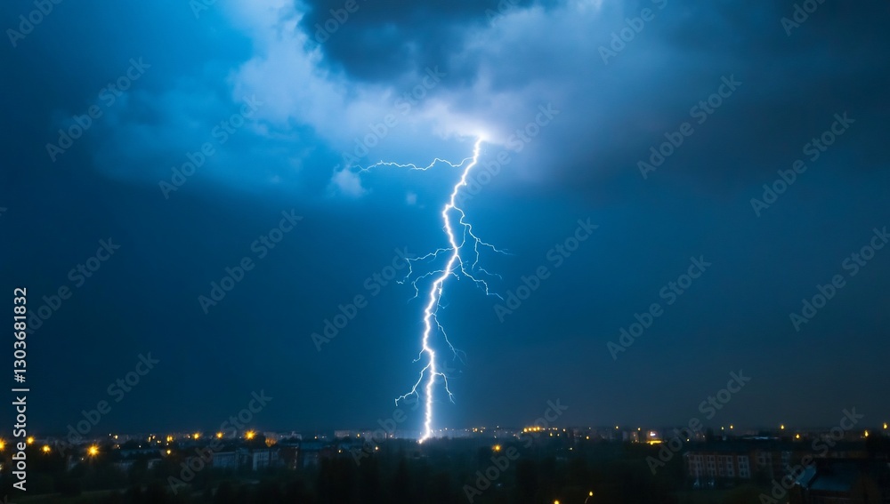 Dramatic Lightning Strike Over City at Night Dramatic Lightning Strike Over City at Night